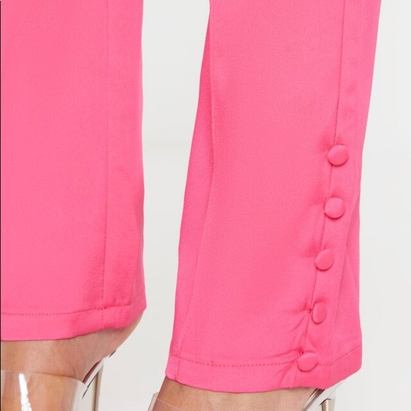 Hot Pink Woven Button Cuff Detail Skinny Pants - Picture 2 of 4